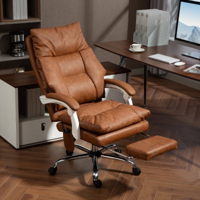 HOMCOM Silla de Escritorio con Soporte Lumbar Inflable Tapizada en PU Reposapiés Respaldo Reclinable Altura Ajustable Marrón