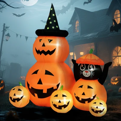 Outsunny Halloween Inflatable Pumpkin Cat LED Orange Black