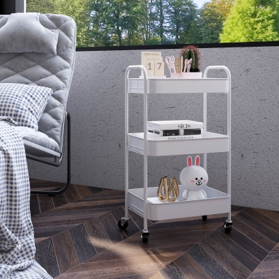 HOMCOM Carrito Auxiliar con Ruedas de 3 Niveles Carrito de Cocina con 3 Cestas y 2 Asas 45x30,6x79 cm Blanco