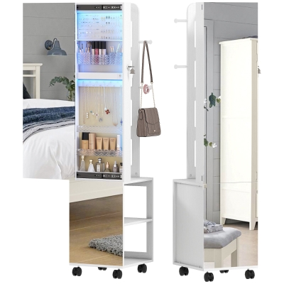 HOMCOM Schmuckschrank mit LED-Lichtern, Schmuckschrank mit 360°-Drehung, Schloss und Schlüssel, Oberfläche Weiß und Futter Beige