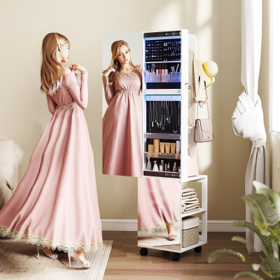 HOMCOM Armoire à Bijoux Pivotante LED avec Miroir Blanc 165,5cm