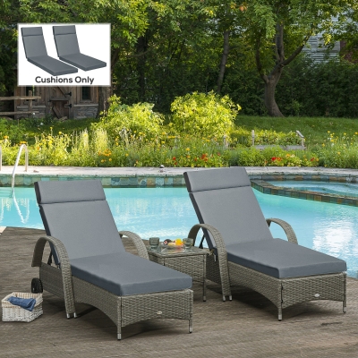 Outsunny Set of 2 Sun Lounger Cushions - Replacement Cushions for Rattan Furniture with Ties, 196 x 55 cm, Dark Grey