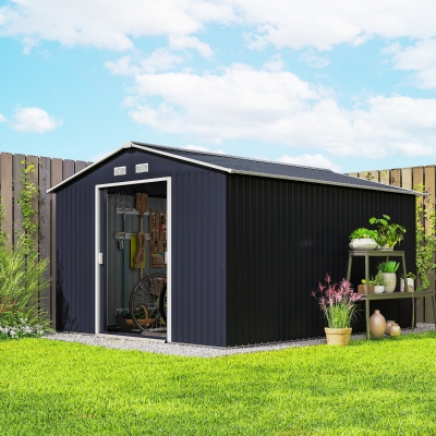 Outsunny Cobertizo de Jardín 8,3 m² 277x322x192 cm con 2 Puertas Corredizas Base Refuerzo (Suelo NO Incluido) Gris