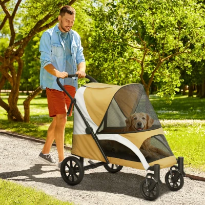 PawHut Hundewagen, Faltbarer Hundebuggy für große Hunde, Haustierwagen mit 4 Rädern, Sicherheitsleinen, Bremsen, Braun