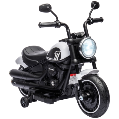 HOMCOM Motocicleta Elétrica para Crianças de 18-36 Meses com Bateria 6V Farol e Rodas Auxiliares Removíveis 76x42x57 cm Branca