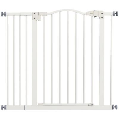 PawHut Barrera de Seguridad para Perros 74-94 cm con Extensión Montaje a Presión Doble Bloqueo para Puerta Escalera Blanco