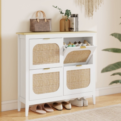 HOMCOM Meuble à Chaussures 20 Paires Rotin Blanc 105x24x95,5 cm