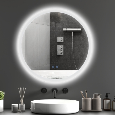 kleankin Espejo de Baño Redondo con Luces LED 70x70cm Espejo Antivaho 3 Luces de Colores Función de Memoria Interruptor Táctil