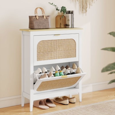 HOMCOM Meuble à Chaussures 14 Paires Rotin Blanc 80x24x95,5 cm