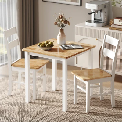HOMCOM 2er-Set Küchenstühle, Kautschukholz, gebogene Sprossenlehne, Weiß