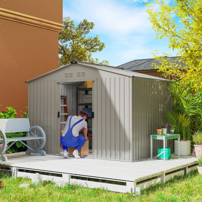 Outsunny Cobertizo de Jardín 4,9 m² 277x195x192 cm con 2 Puertas Corredizas Techo Inclinado y 4 Ventanas Gris Plata