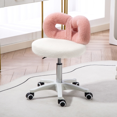 HOMCOM Taburete con Ruedas Respaldo Altura Regulable 63-77 cm Tapizado en Tejido de Borreguito Blanco y Rosa