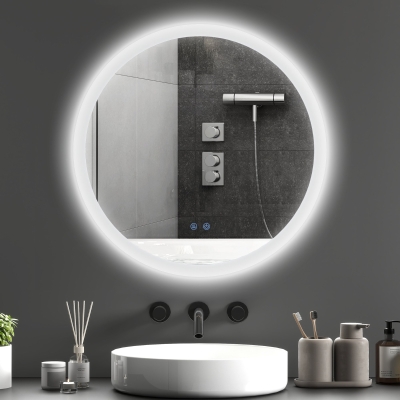 kleankin LED Badspiegel, einstellbare Helligkeit, Entnebelung, Touch, IP44, Metall/Glas, Ø60 cm, Weiß/Silber