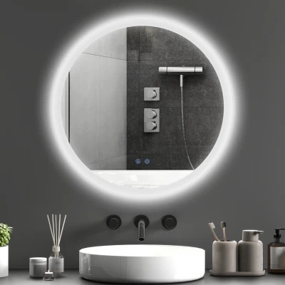 kleankin LED Badspiegel, einstellbare Helligkeit, Entnebelung, Touch, IP44, Metall/Glas, Ø60 cm, Weiß/Silber