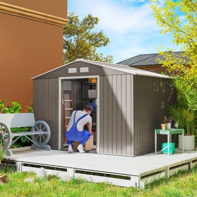 Outsunny Abri de jardin 5,4 m² 2,77 x 1,95 x 1,92 m fondation incluse porte coulissante ventilations tôle acier, marron clair