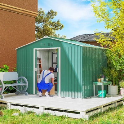 Outsunny Cobertizo de Jardín 4,9 m² 277x195x192 cm con 2 Puertas Corredizas Techo Inclinado y 4 Ventanas Verde