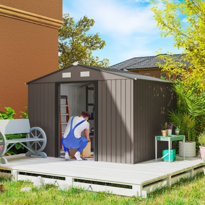Outsunny Cobertizo de Jardín 4,9 m² 277x195x192 cm con 2 Puertas Corredizas Techo Inclinado y 4 Ventanas Marrón