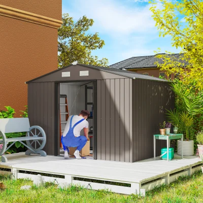Outsunny Cobertizo de Jardín 4,9 m² 277x195x192 cm con 2 Puertas Corredizas Techo Inclinado y 4 Ventanas Marrón