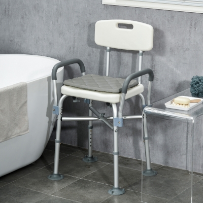 HOMCOM Silla Ducha Personas Mayores con Respaldo Reposabrazos Altura Ajustable Cojín Acolchado Extraíble Carga 136 kg Gris