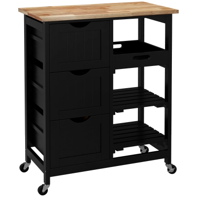 HOMCOM Carro de Cocina Carrito Auxiliar con Ruedas con 3 Cajones 2 Estantes Abiertos y Bandeja Extraíble 67x37x85,5 cm Negro