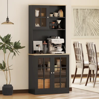 HOMCOM Alacena de Cocina con Estantes y Puertas de Vidrio para Pequeños Electrodomésticos 80x37x183 cm Negro
