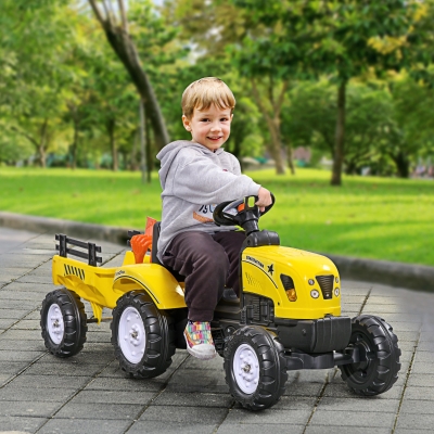 HOMCOM Porteur tracteur enfants avec remorque, râteau et pelle, tracteur à pédales 6 roues, charge 35 kg, pour 3+ ans, jaune
