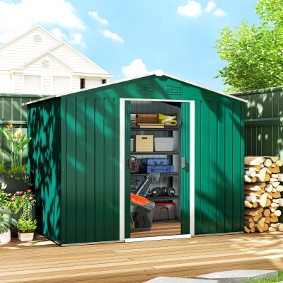 Outsunny Caseta de Jardín de 3,6m² 236x174x190 cm Cobertizo Exterior para Herramientas con Puertas Correderas y 4 Ventanas Verde