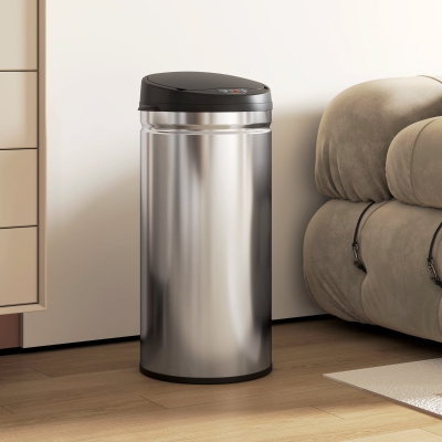 HOMCOM Cubo de Basura de 42L con Sensor de Movimiento y Apertura Automática, 30.5x30.5x68 cm, Negro y Plata