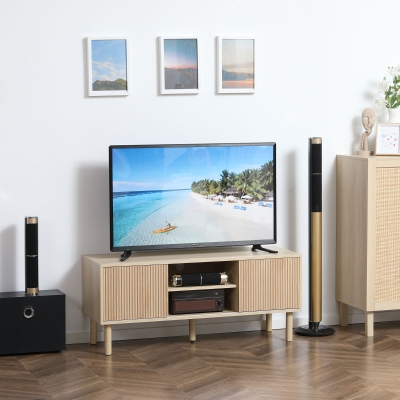 HOMCOM Mesa de TV con Puertas Correderas Estantes Abiertos Orificios para Cables para Televisión hasta 50 Pulgadas Natural
