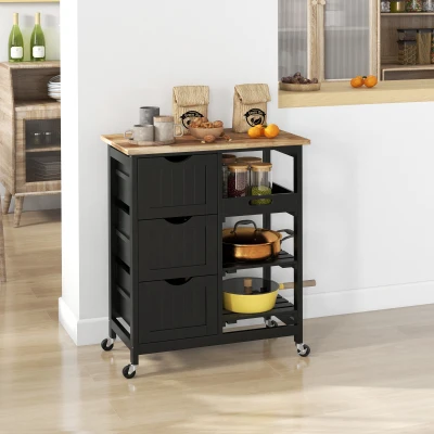 HOMCOM Carro de Cocina Carrito Auxiliar con Ruedas con 3 Cajones 2 Estantes Abiertos y Bandeja Extraíble 67x37x85,5 cm Negro