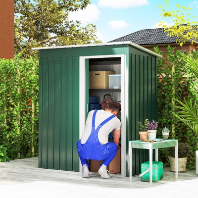 Outsunny Cobertizo de Jardín Exterior 1,16 m² 163x89x182 cm Caseta Metálica con Puerta Corredera y Techo Inclinado Verde