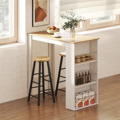 HOMCOM Mesa de Bar Mesa de Bistró Mesa de Comedor Mesa Alta con 3 Estantes Laterales y Estructura de Madera 112x57x106cm Blanco