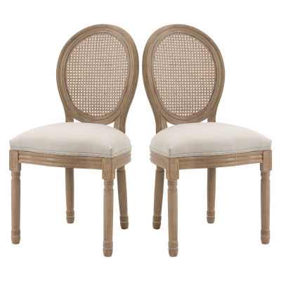 HOMCOM set van 2 eetkamerstoelen vintage keukenstoel gestoffeerde stoel met rotan rugleuning linnen touch rubber hout wit 49 x 56 x 96 cm