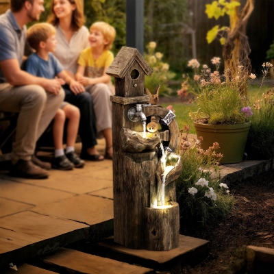 Outsunny Fonte de Jardim 2 em 1 com Casa para Pássaros Fonte de Água com Luzes LED Bomba Fonte Decorativa com Troncos de Árvore Multicor