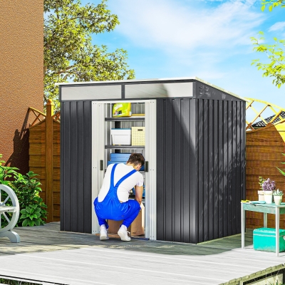 Outsunny Caseta de Jardín 195x122x181,5 cm con Puerta Corredera 2 Ventanas y Anti-UV para Almacenar Herramientas Gris Oscuro