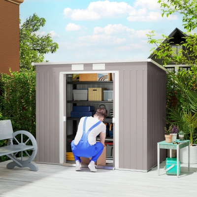 Outsunny Cobertizo de Jardín Exterior 2,42 m² 213x130x172 cm con Puerta Corredera Techo Inclinado Base y 2 Ventanas Gris Claro