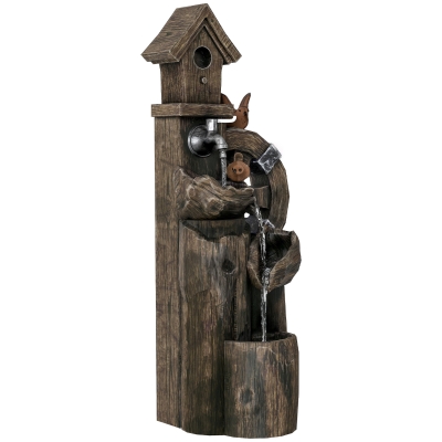 Outsunny Fonte de Jardim 2 em 1 com Casa para Pássaros Fonte de Água com Luzes LED Bomba Fonte Decorativa com Troncos de Árvore Multicor