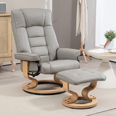 HOMCOM Relaxfauteuil met Voetenbankje, Draaibaar & Kantelbaar, Kunstlederen Bekleding, tot 150 kg, Houten Frame, Grijs