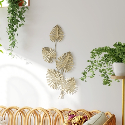 HOMCOM Wall Art a 5 Hojas de Monstera en Metal Dorado con Accesorios para Montaje Incluidos, 83x2.5x39 cm