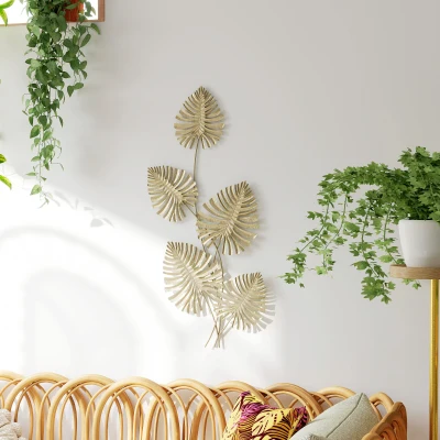 HOMCOM Wall Art a 5 Foglie Monstera in Metallo Dorato 83x2.5x39cm