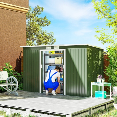 Outsunny Abrigo de Jardim 280x130x172cm Abrigo de Exterior de Aço Galvanizado com Porta Corredeira e Ventilações Verde Claro