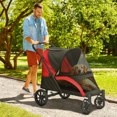 PawHut Hondenbuggy, Opvouwbare Hondenwagen voor Grote Honden, Huisdierwagen met 4 Wielen, Veiligheidsriemen, Remmen, Zwart