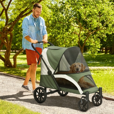 PawHut Hondenbuggy, Opvouwbare Huisdierenwagen voor Grote Honden, met 4 Wielen, Veiligheidslijnen, Remmen, Donkergroen