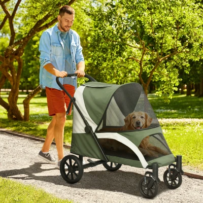 PawHut Hondenbuggy, Opvouwbare Huisdierenwagen voor Grote Honden, met 4 Wielen, Veiligheidslijnen, Remmen, Donkergroen