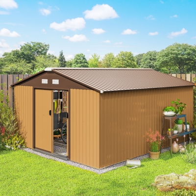 Outsunny Cobertizo de Jardín 340x386x200 cm 12,4 m² Caseta Exterior de Metal con Puertas Correderas y Ventilaciones Ocre
