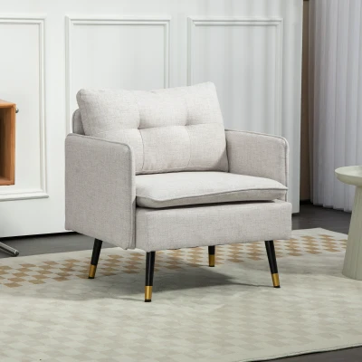 HOMCOM Moderner Loungesessel aus Leinen mit Armlehnen Gepolsterter Sitz und Stahlbeinen 76x68x80 cm Creme