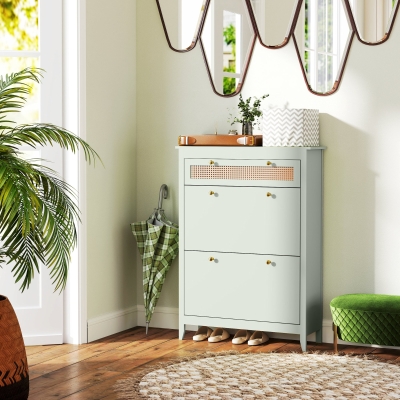 HOMCOM Schoenenkast voor 12 Paar Schoenen, met 1 Uitschuifbare Lade, 2 Klapladen, Schoenopberger, 88 x 30 x 120 cm, Groen