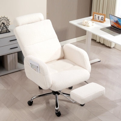 HOMCOM Silla de Escritorio con Reposapiés Tapizada en Borreguito con Respaldo Reclinable Reposacabezas Ajustable Crema