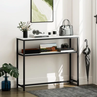 HOMCOM Schmaler Eingangskonsolentisch mit Marmoroptik-Oberfläche Offenem Regal und Metallgestell 100x30x81 cm Weiß