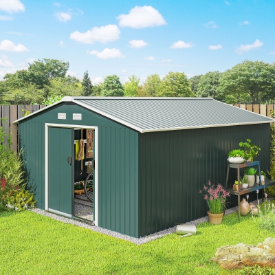 Outsunny Abrigo de Jardim Metálico 340x386x200cm Abrigo para Armazenamento de Ferramentas com Base de Reforço Incluida Verde